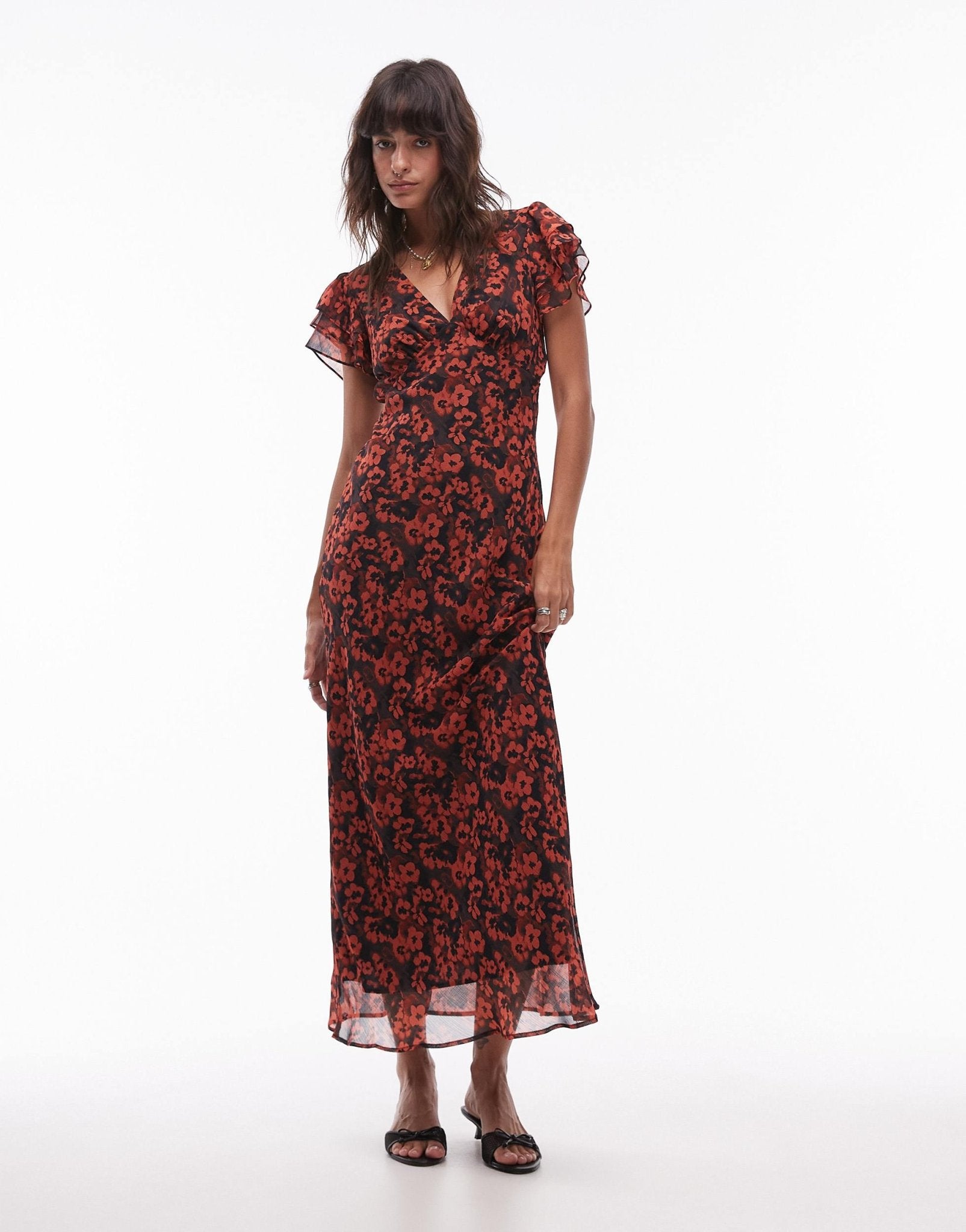 Topshop flutter sleeve midi dress in rust floral - ASOS Sample Sale