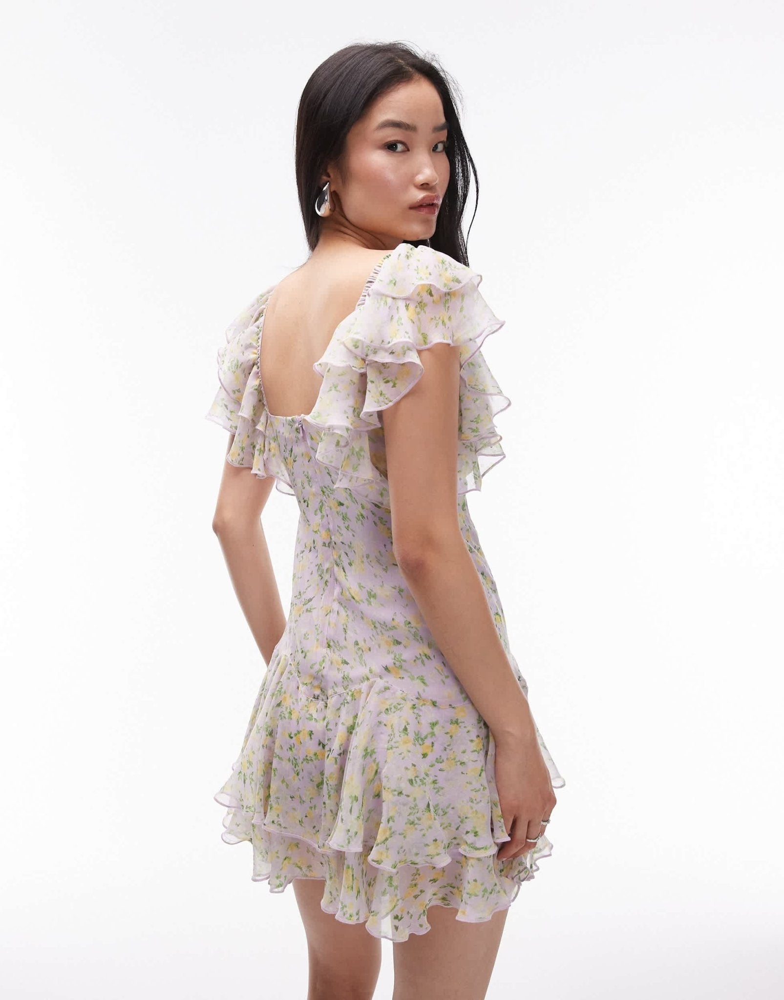 Topshop flutter sleeve mini tea dress in lilac floral - ASOS Sample Sale