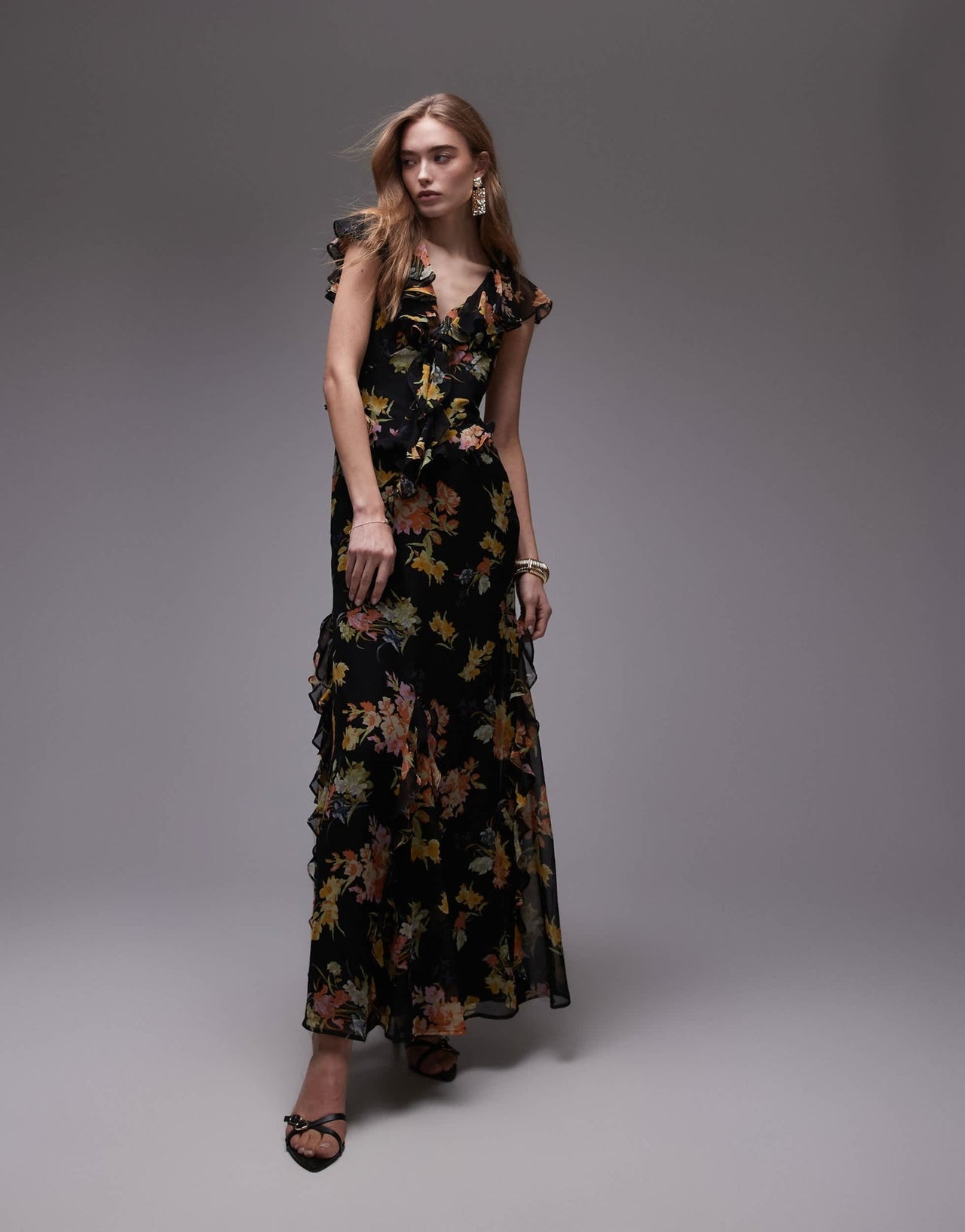 Topshop flutter sleeve ruffle occasion midi dress in black base floral - ASOS Sample Sale