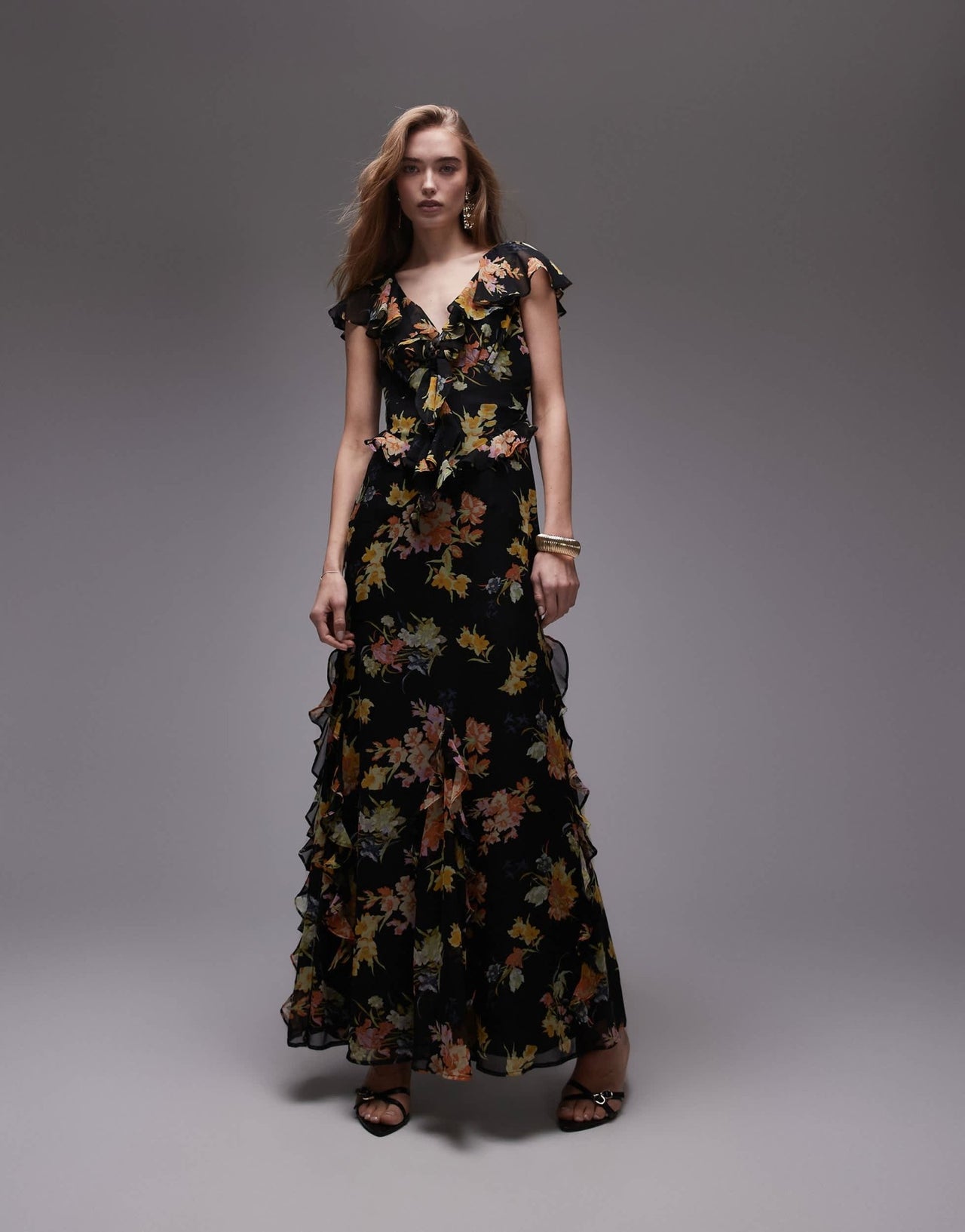 Topshop flutter sleeve ruffle occasion midi dress in black base floral - ASOS Sample Sale