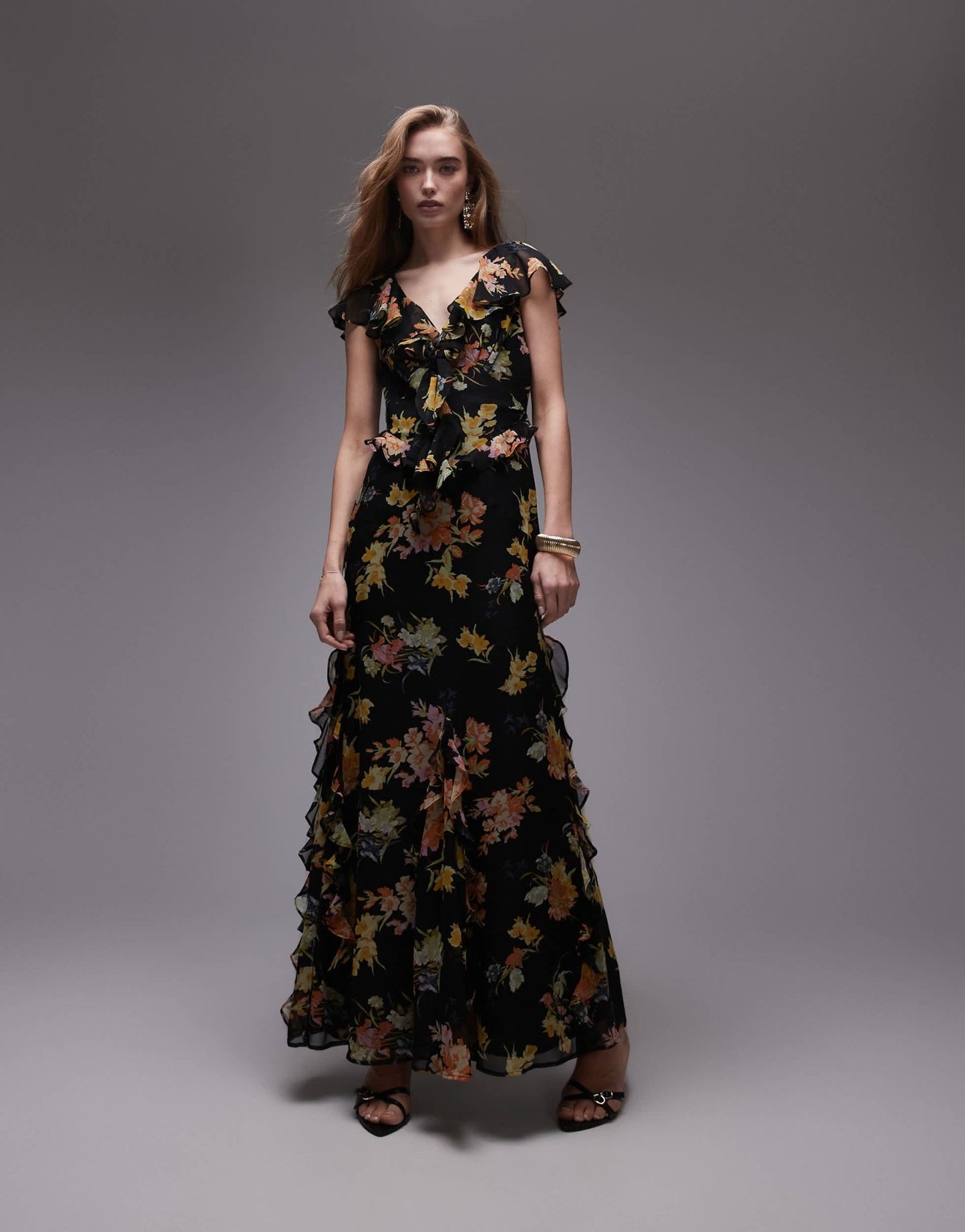 Topshop flutter sleeve ruffle occasion midi dress in black base floral - ASOS Sample Sale