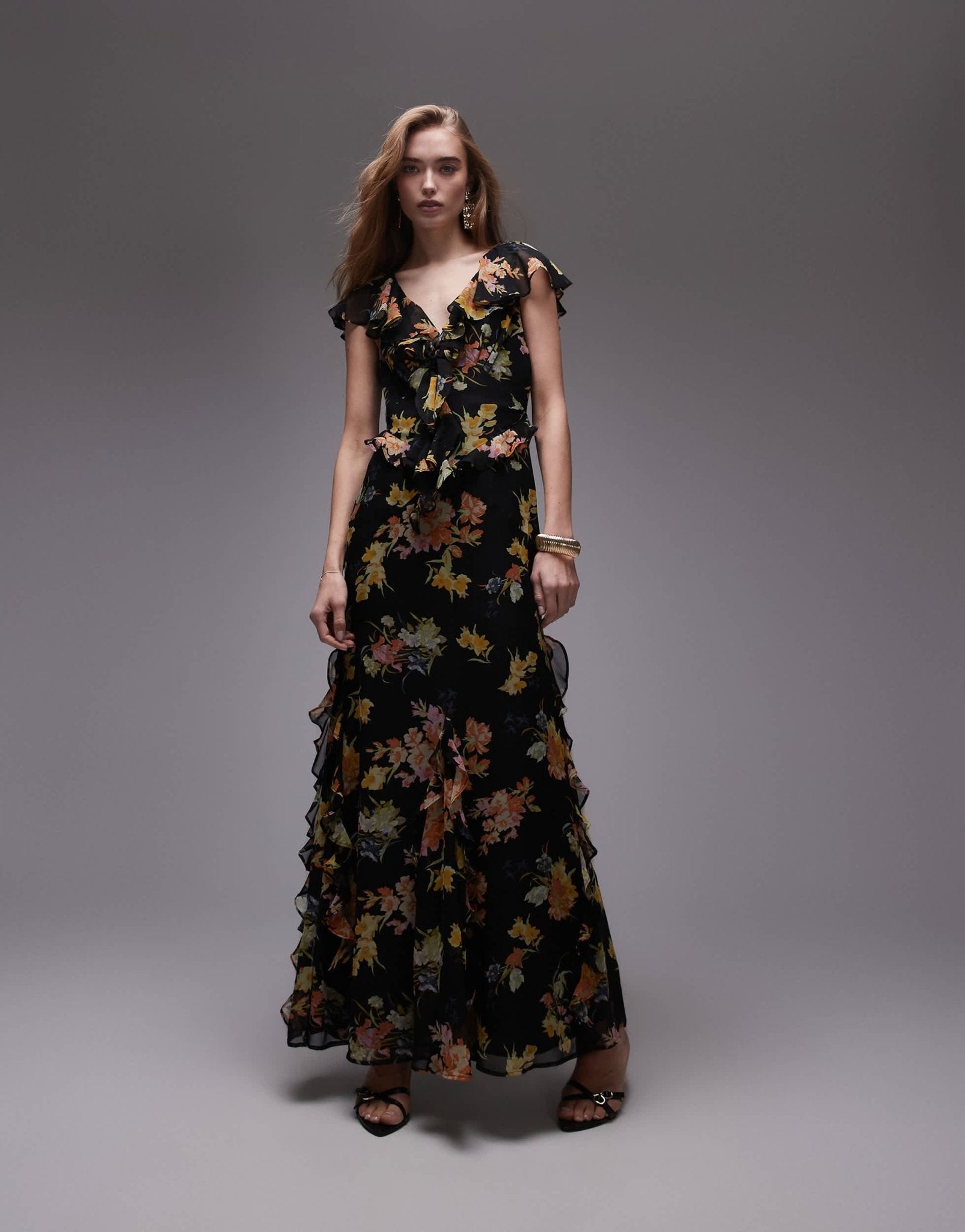 Topshop flutter sleeve ruffle occasion midi dress in black base floral - ASOS Sample Sale