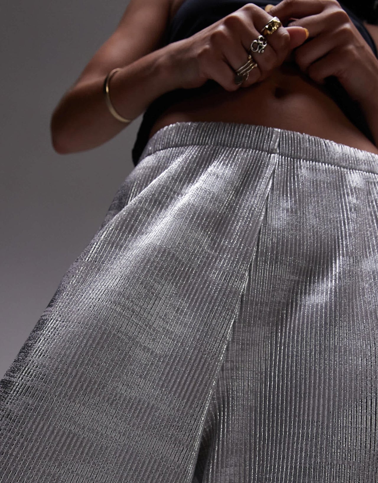 Topshop foil print plisse trouser in silver - ASOS Sample Sale
