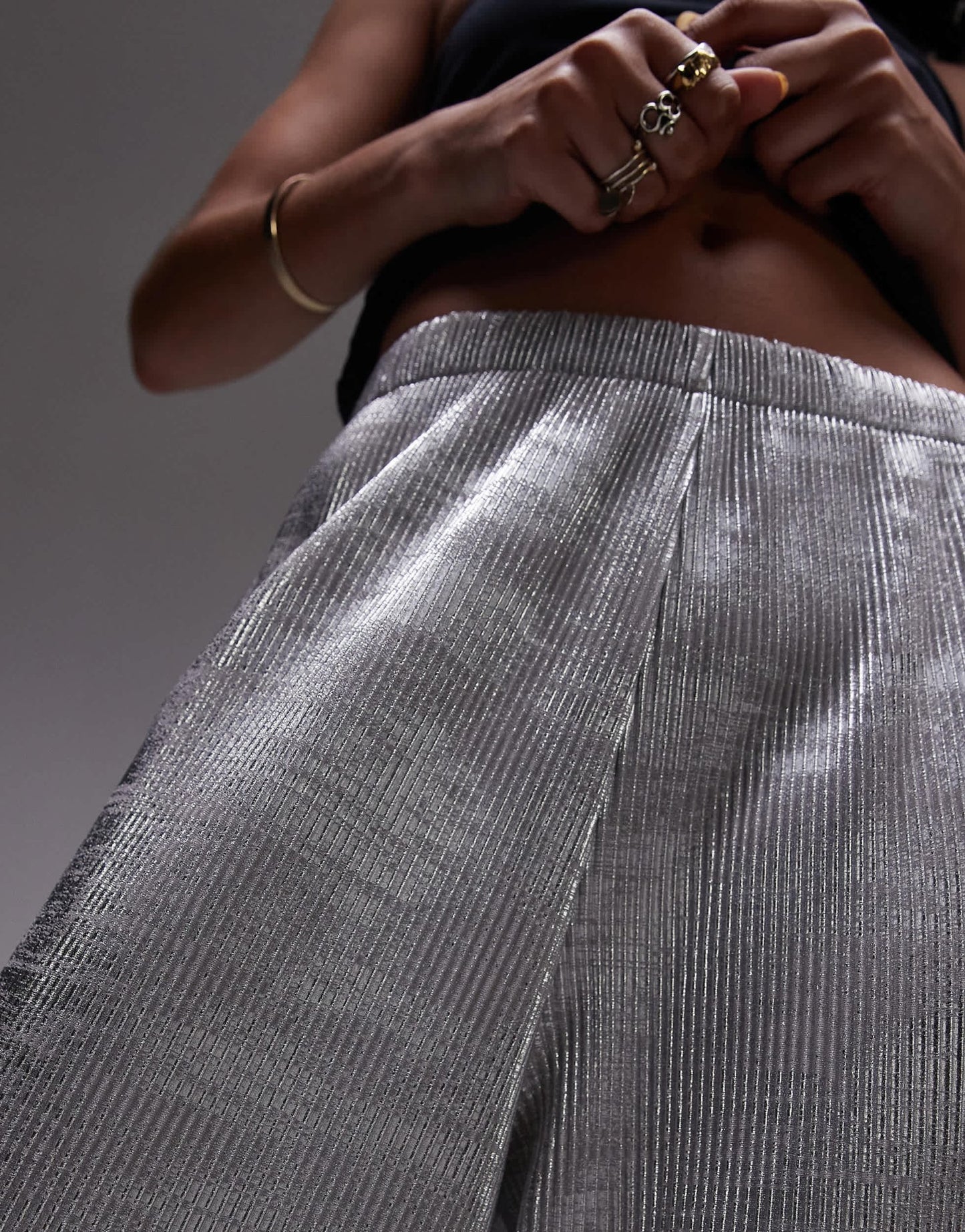 Topshop foil print plisse trouser in silver - ASOS Sample Sale