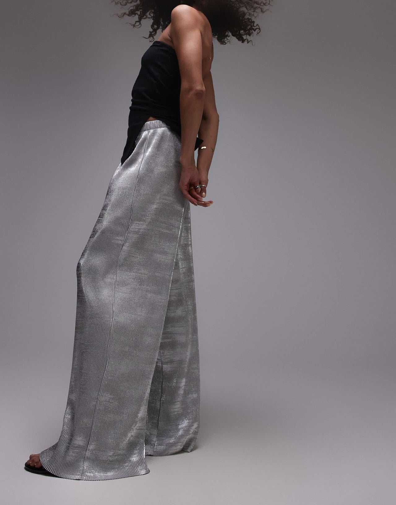 Topshop foil print plisse trouser in silver - ASOS Sample Sale