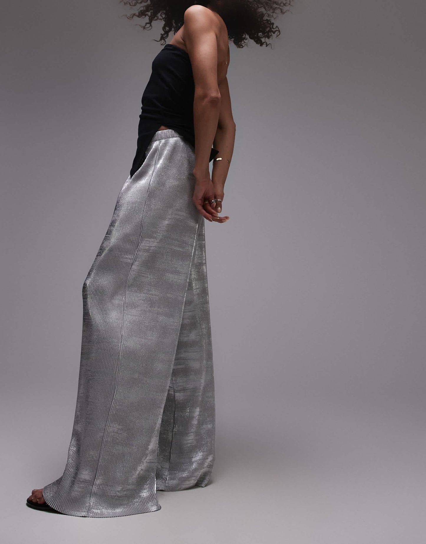 Topshop foil print plisse trouser in silver - ASOS Sample Sale