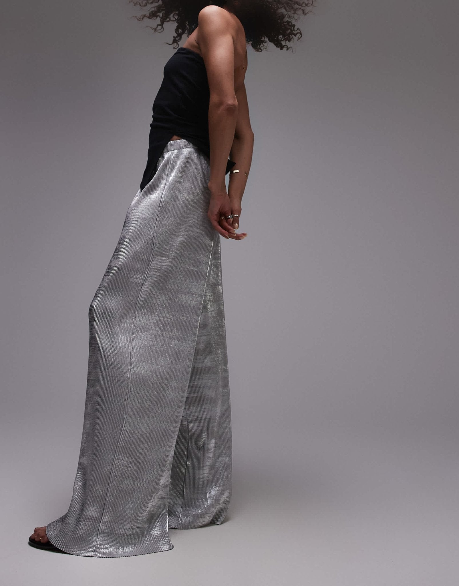Topshop foil print plisse trouser in silver - ASOS Sample Sale