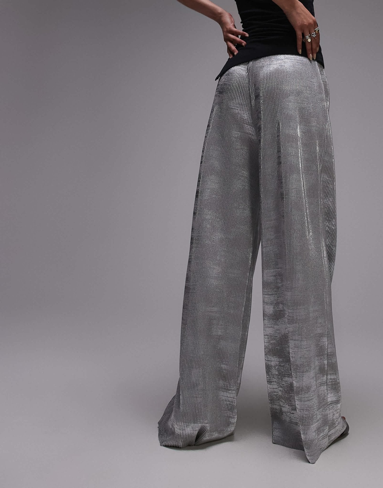 Topshop foil print plisse trouser in silver - ASOS Sample Sale