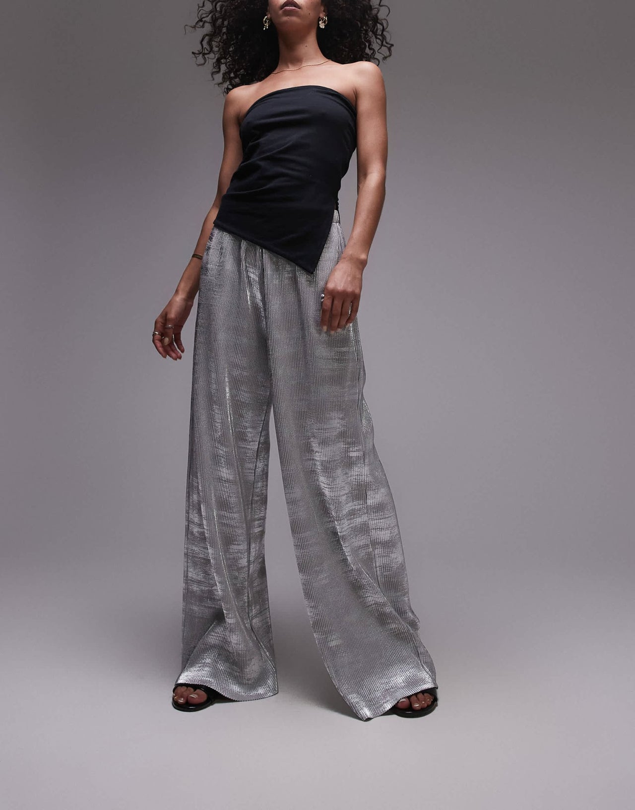 Topshop foil print plisse trouser in silver - ASOS Sample Sale