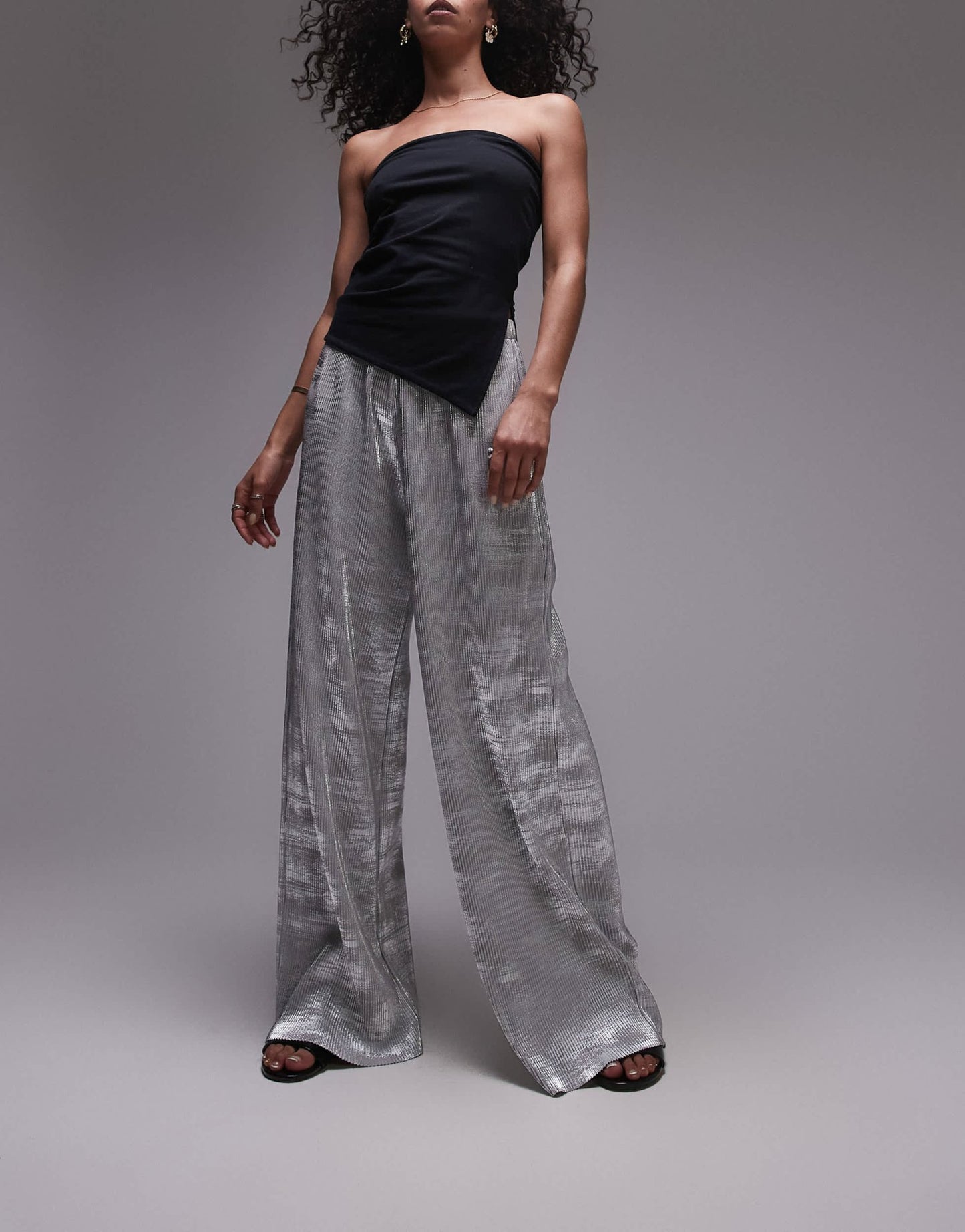 Topshop foil print plisse trouser in silver - ASOS Sample Sale