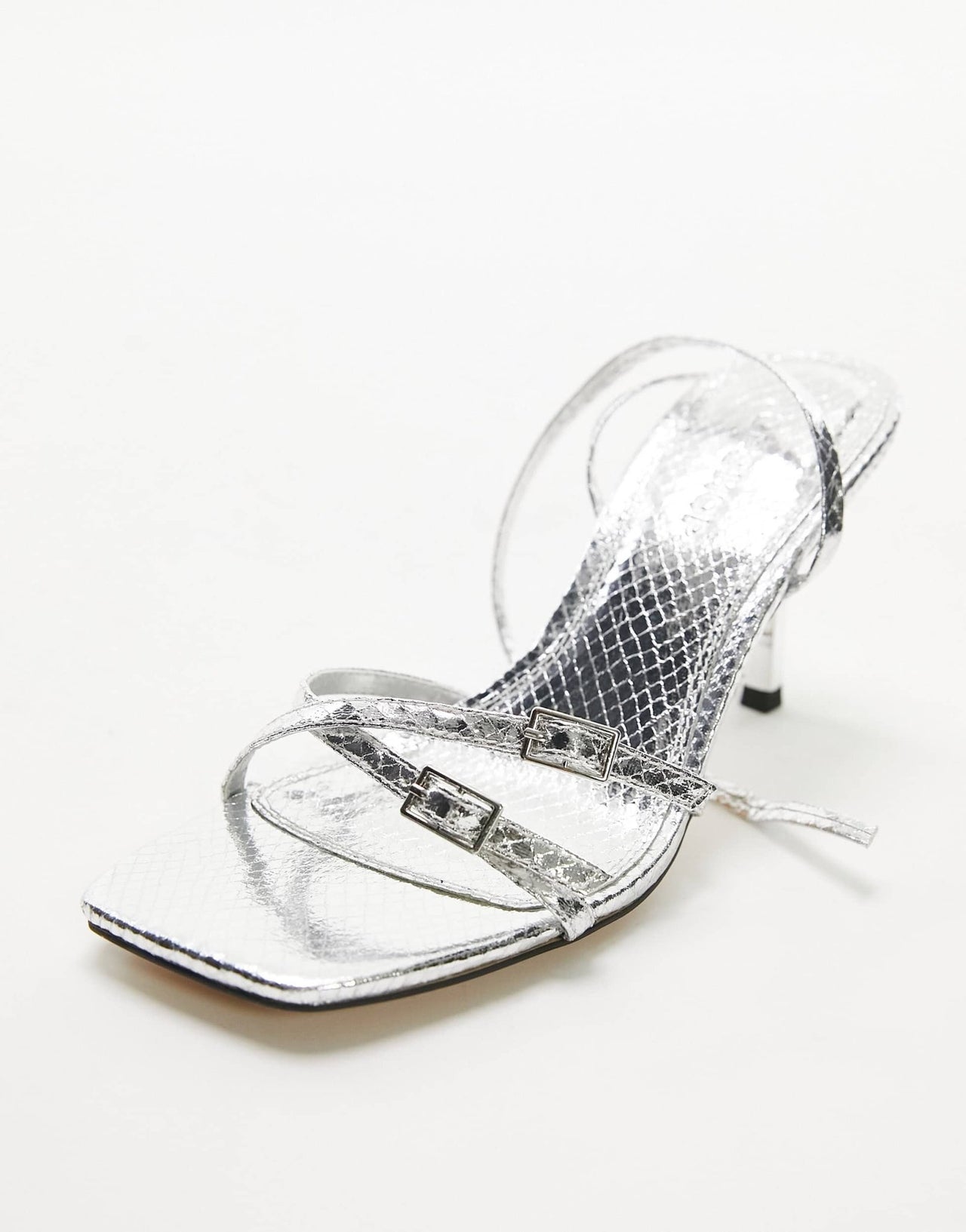 Topshop Frankie strappy heeled sandal with buckle detail in silver lizard - ASOS Sample Sale