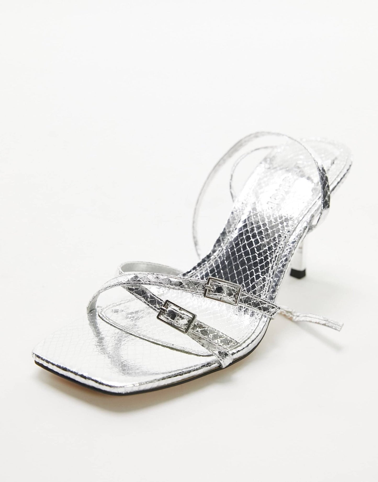 Topshop Frankie strappy heeled sandal with buckle detail in silver lizard - ASOS Sample Sale