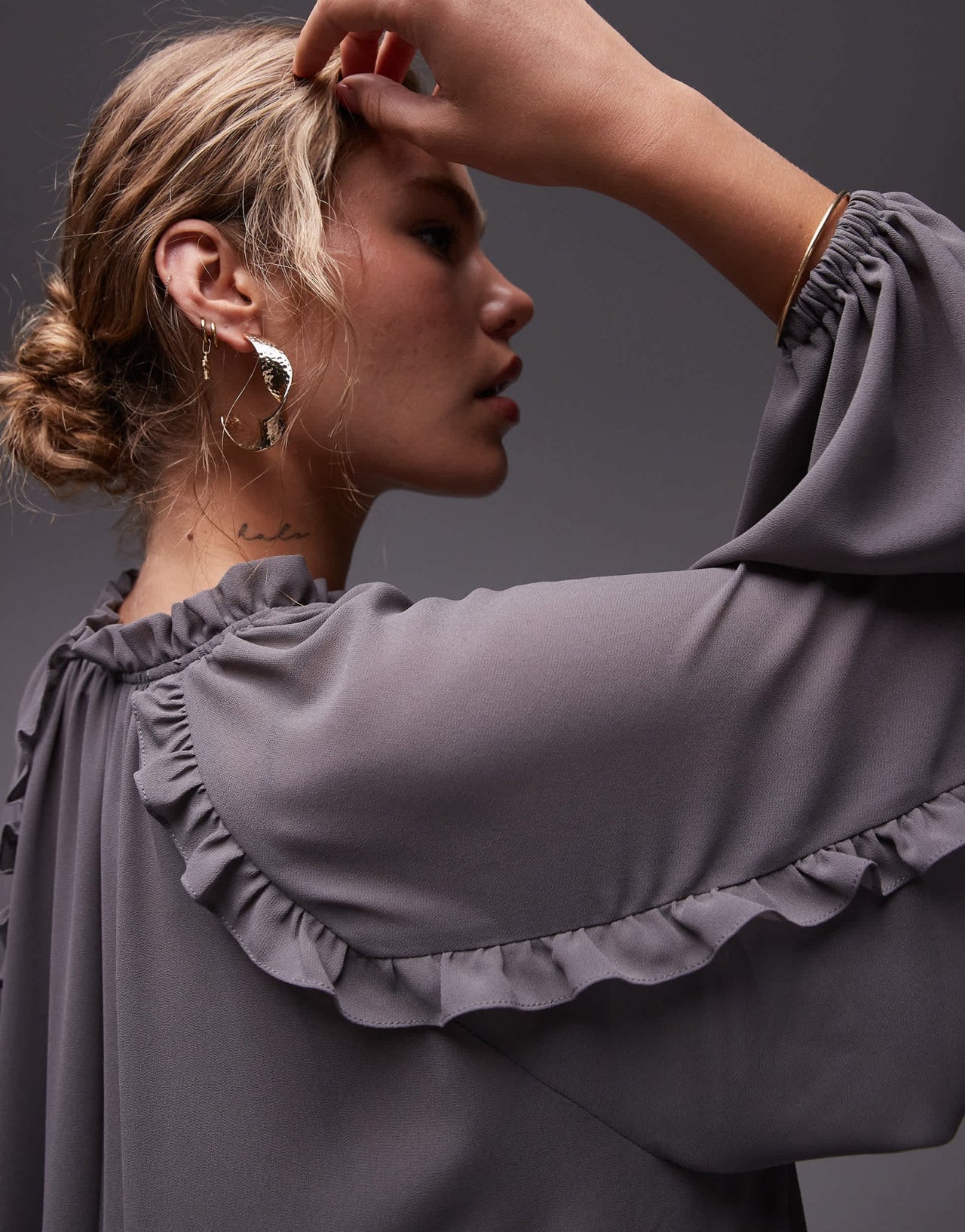 Topshop frill trapeze mini dress in grey - ASOS Sample Sale