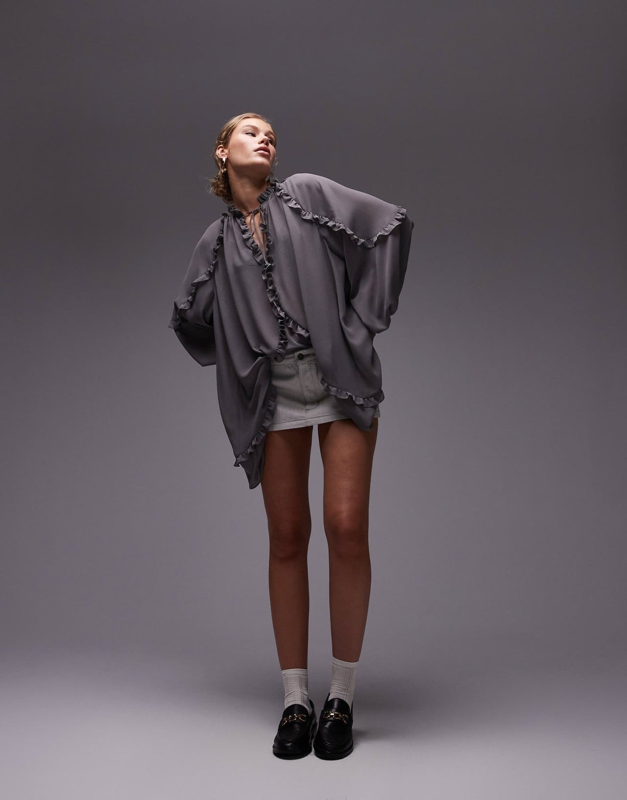 Topshop frill trapeze mini dress in grey - ASOS Sample Sale