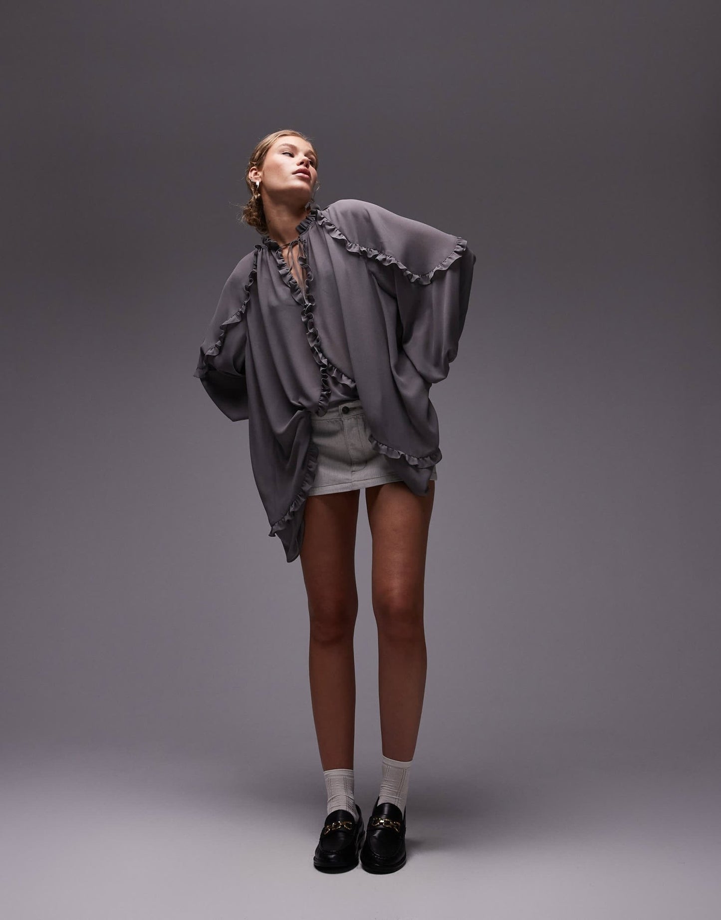 Topshop frill trapeze mini dress in grey - ASOS Sample Sale