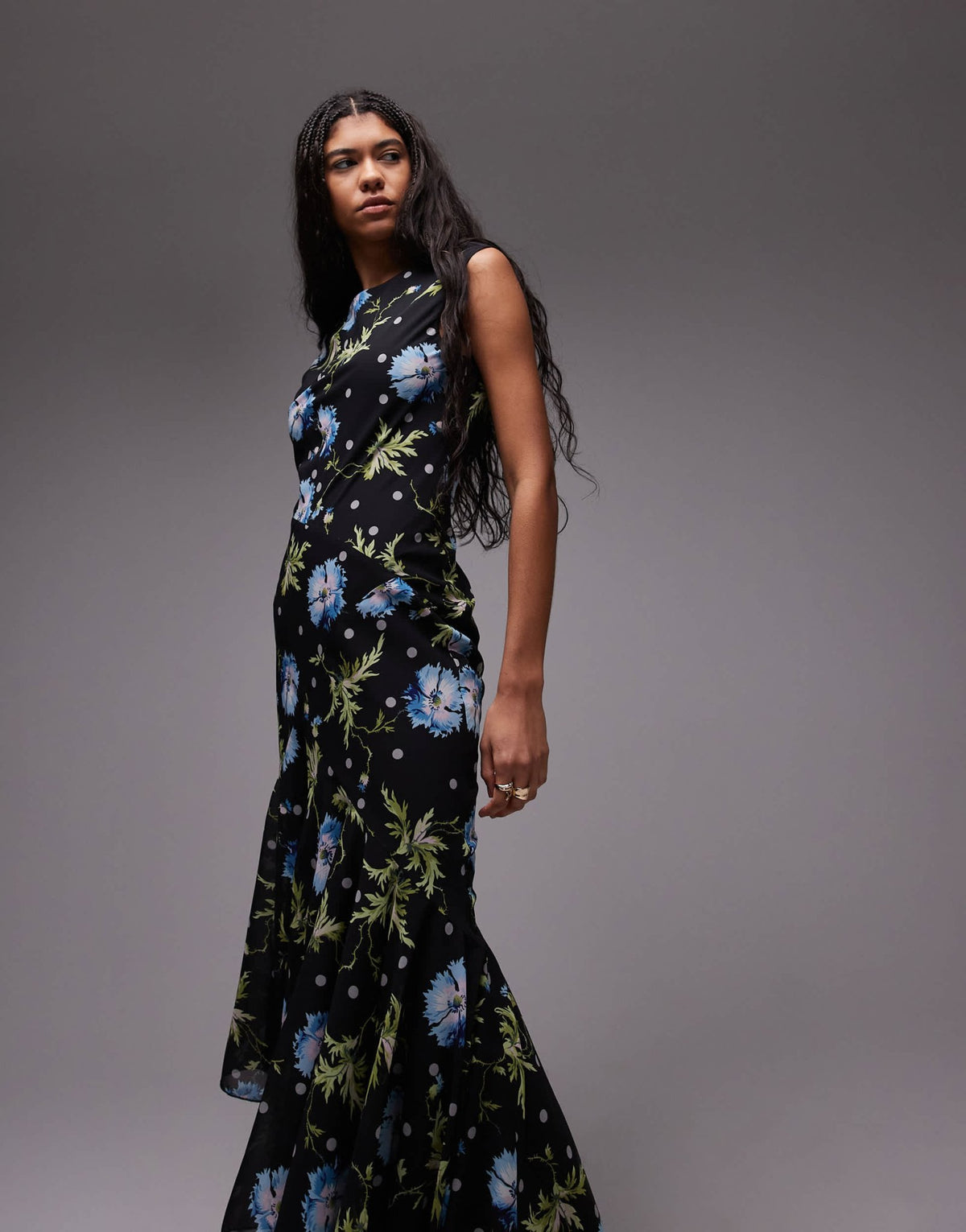 Topshop godet hem boutique occasion midi dress in black based winding floral - ASOS Sample Sale