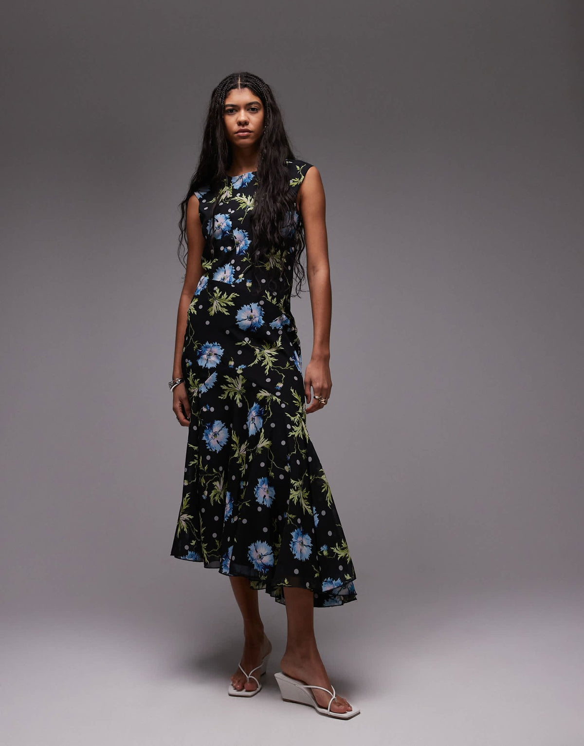 Topshop godet hem boutique occasion midi dress in black based winding floral - ASOS Sample Sale