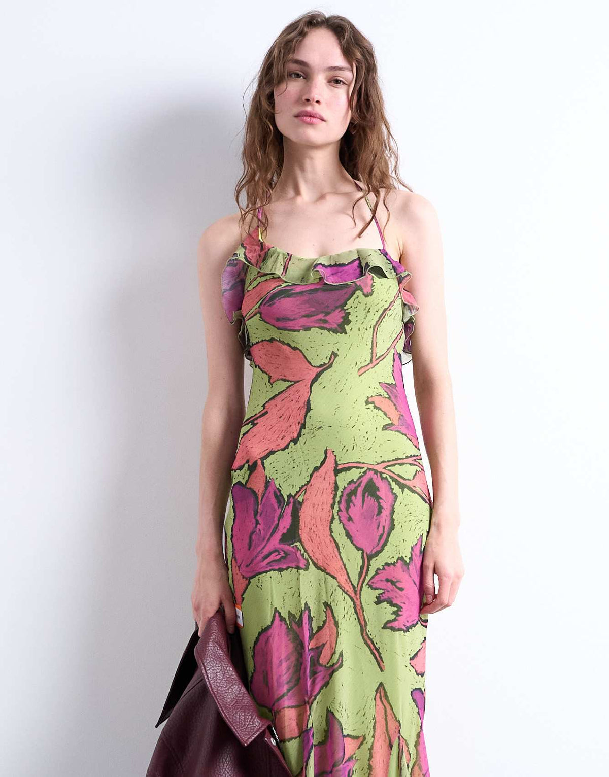 Topshop godet hem occasion midi dress in pink and green floral print - ASOS Sample Sale