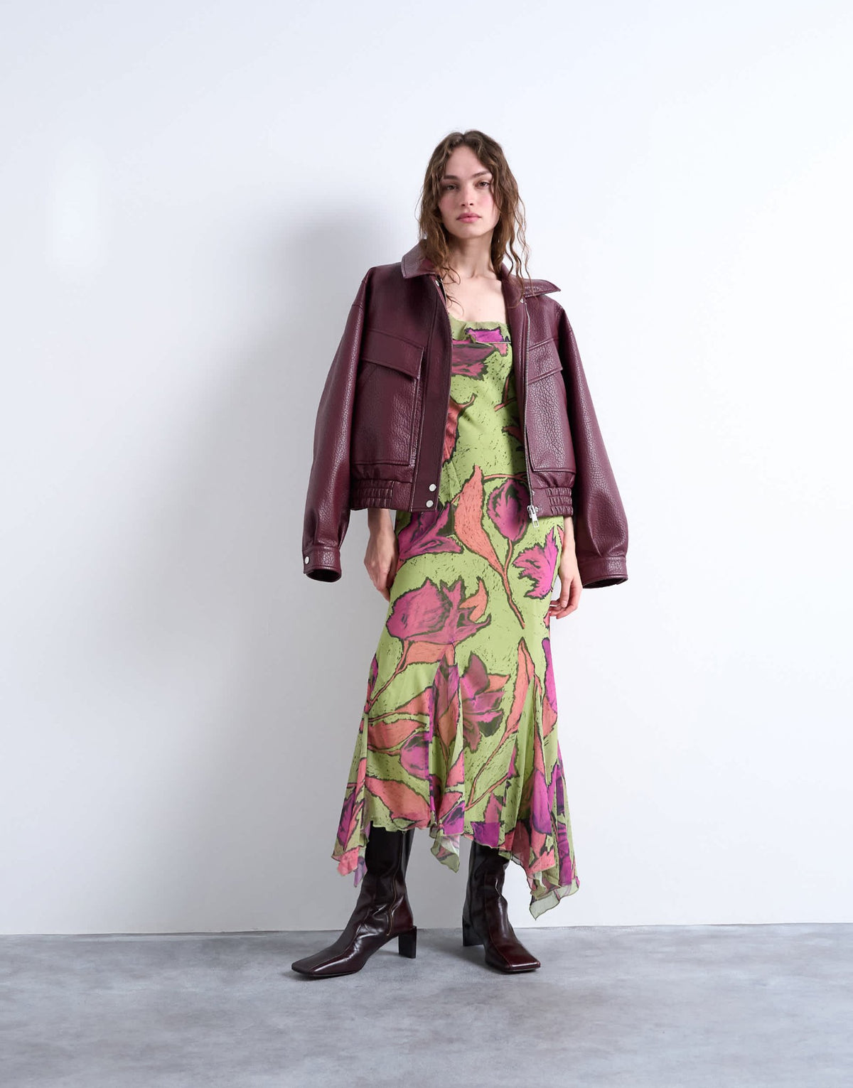 Topshop godet hem occasion midi dress in pink and green floral print - ASOS Sample Sale