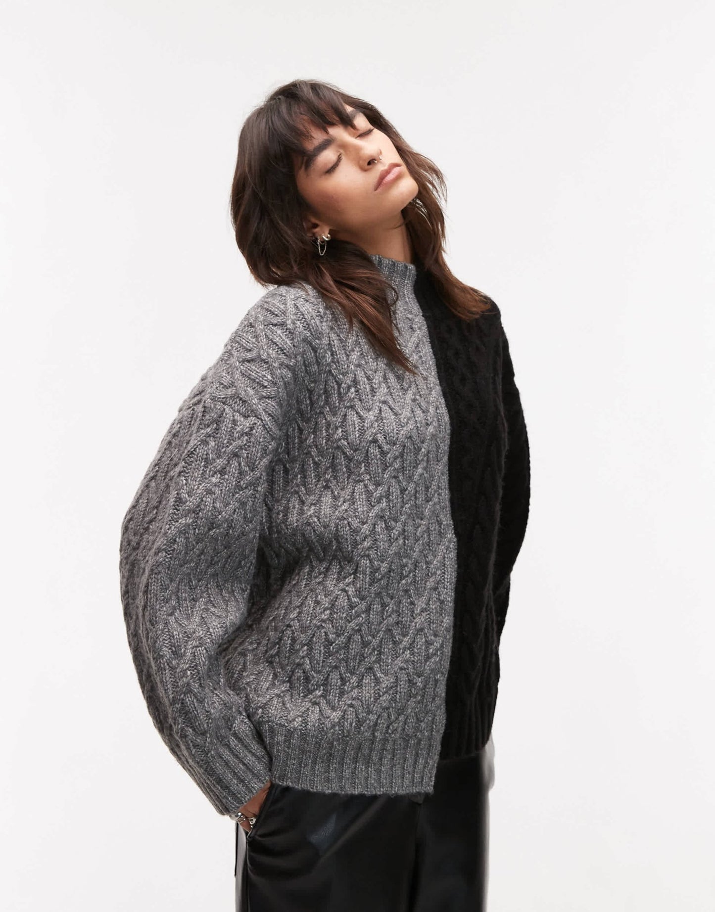 Topshop half and half cable oversized jumper in grey and black - ASOS Sample Sale