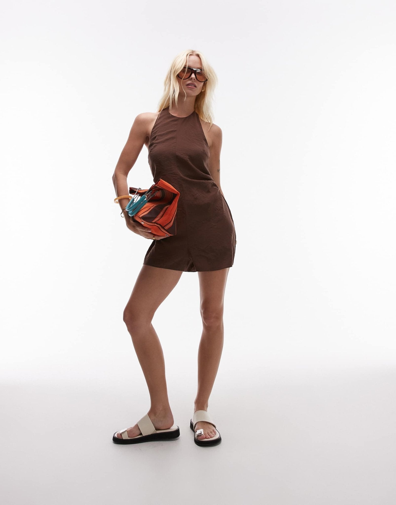 Topshop halterneck playsuit in cupro chocolate - ASOS Sample Sale