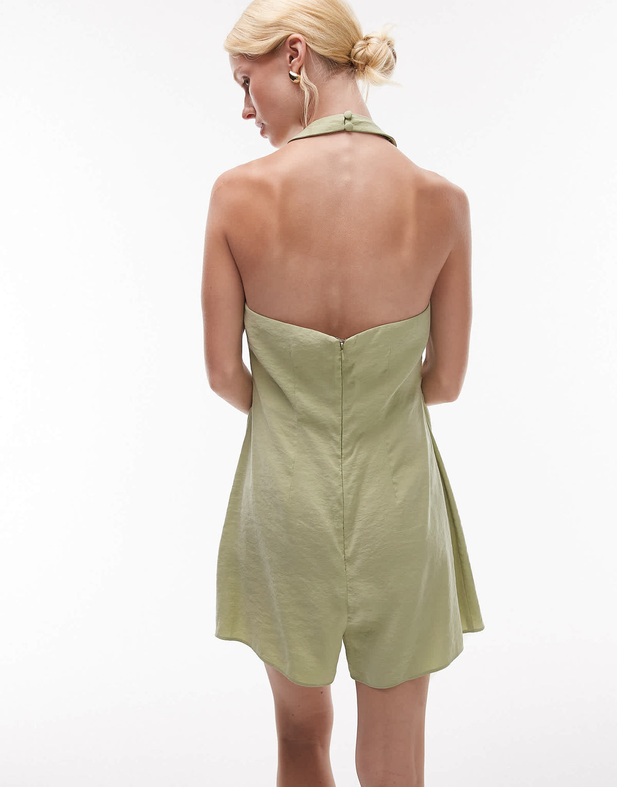 Topshop halterneck playsuit in cupro olive - ASOS Sample Sale