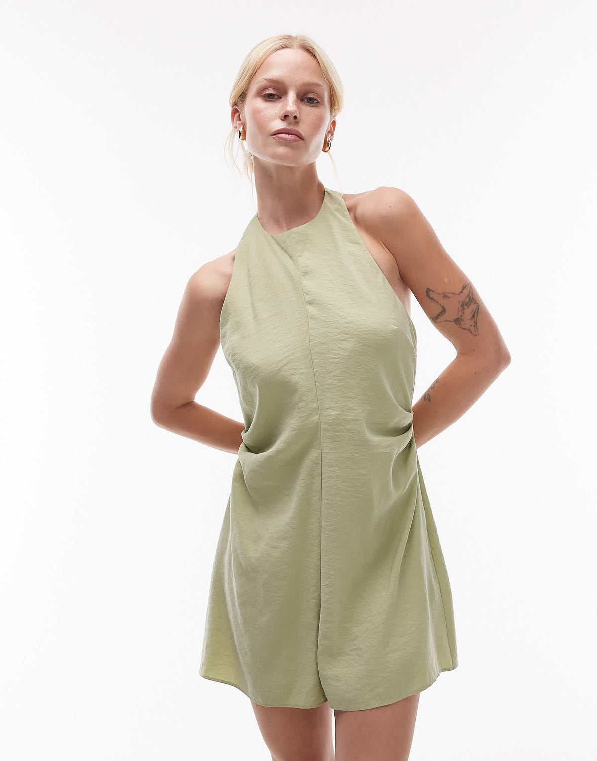 Topshop halterneck playsuit in cupro olive - ASOS Sample Sale