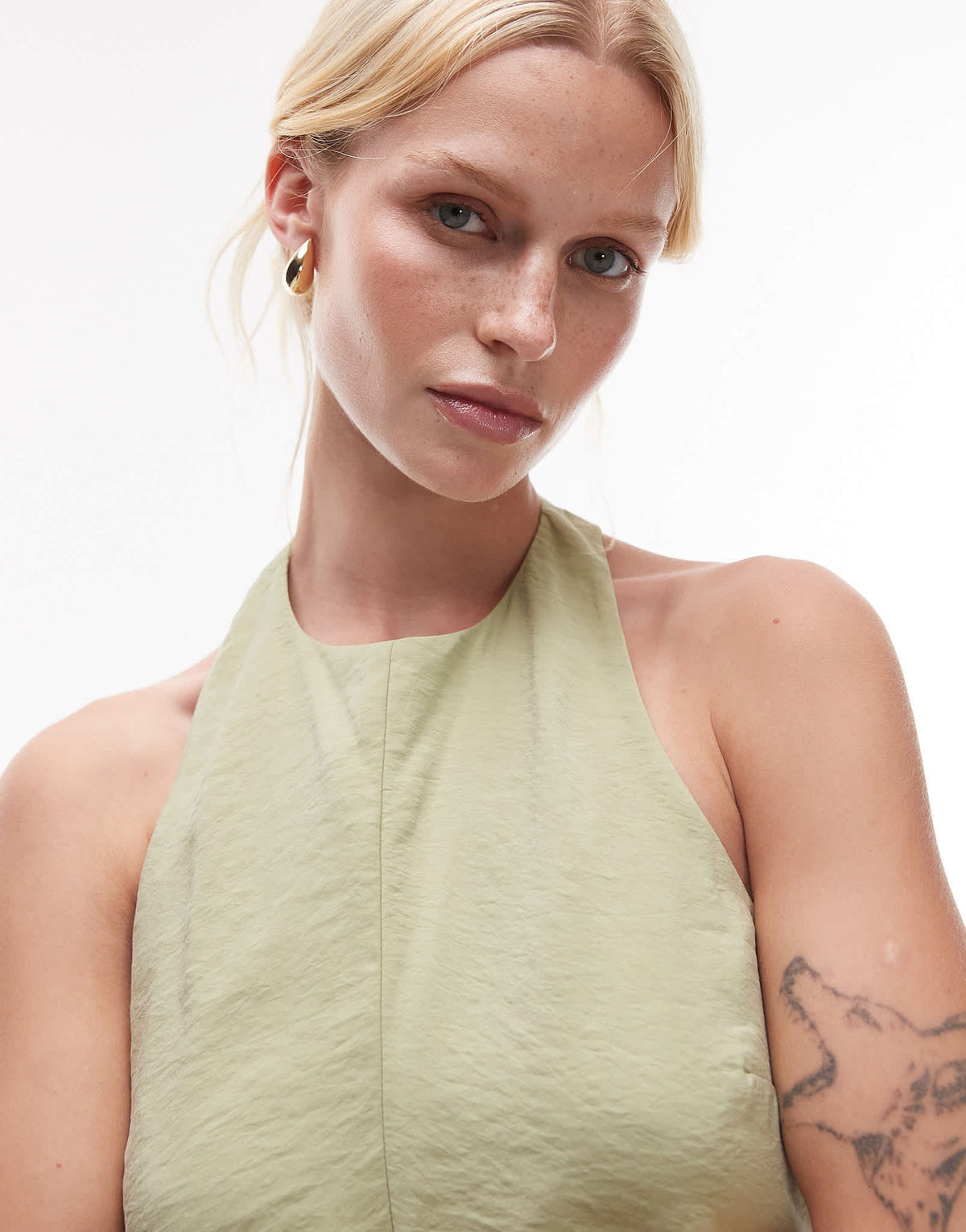 Topshop halterneck playsuit in cupro olive - ASOS Sample Sale