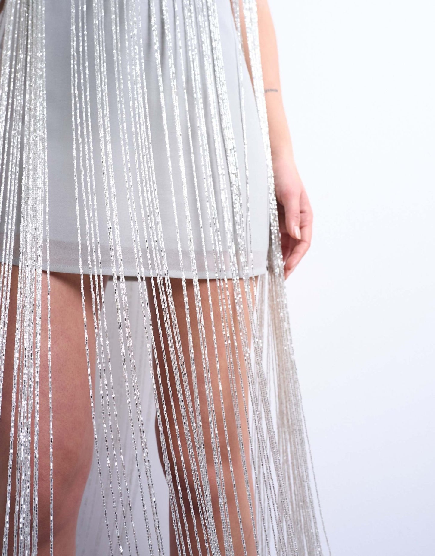 Topshop heavy beaded fringe mini dress in silver - ASOS Sample Sale