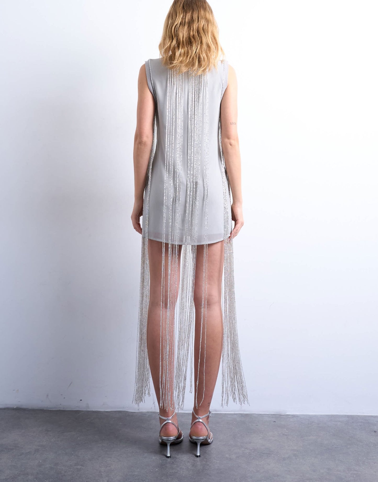 Topshop heavy beaded fringe mini dress in silver - ASOS Sample Sale