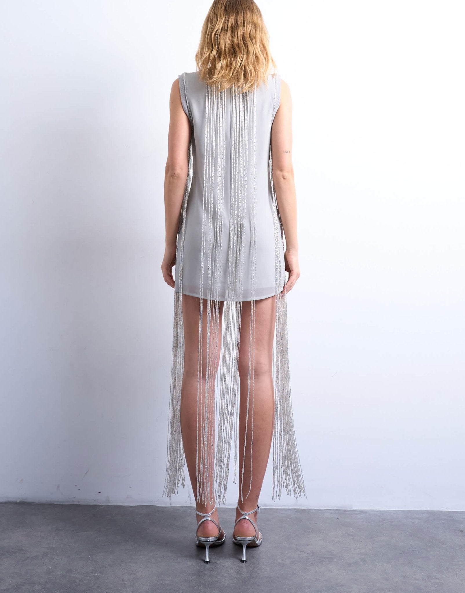 Topshop heavy beaded fringe mini dress in silver - ASOS Sample Sale