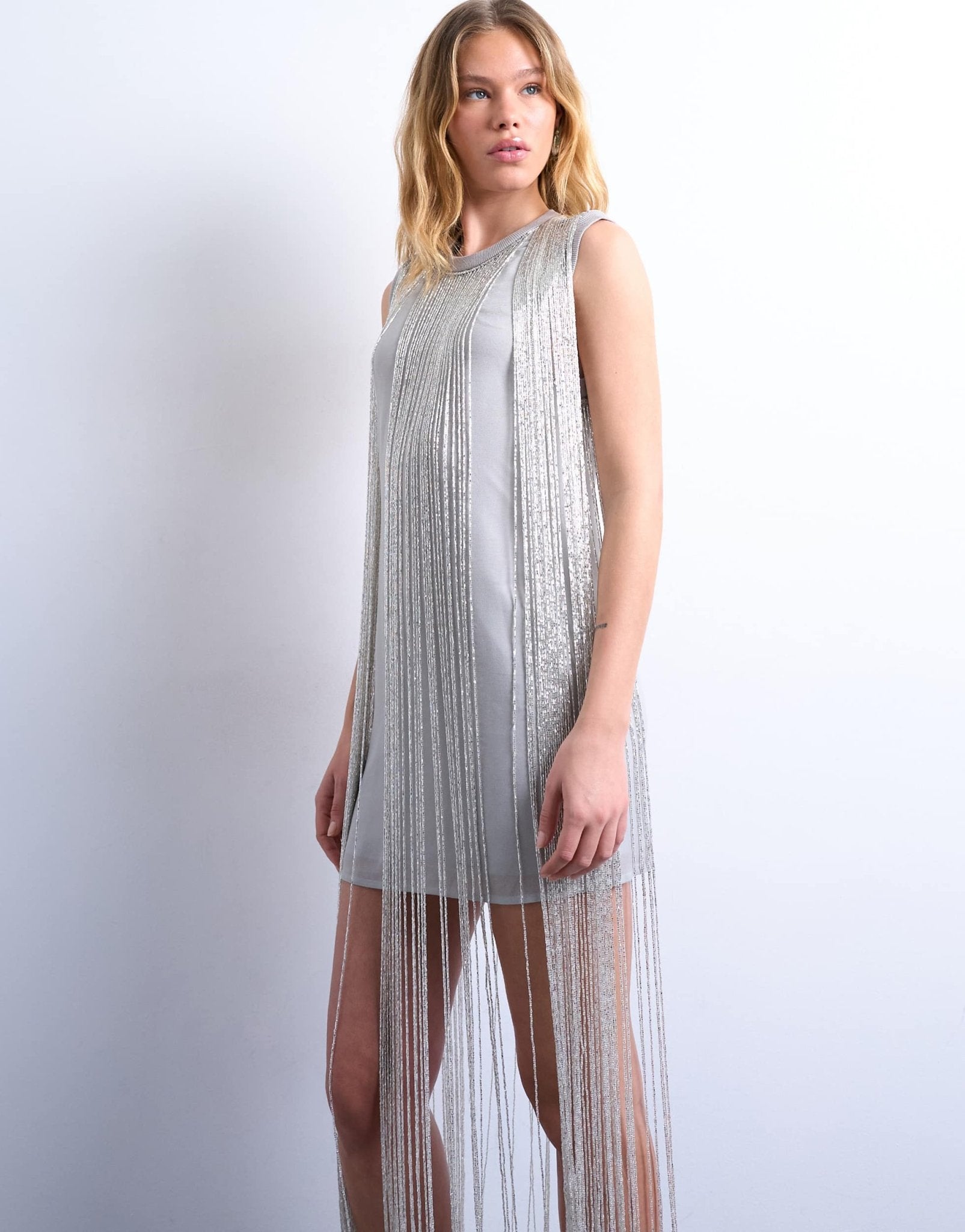 Topshop heavy beaded fringe mini dress in silver - ASOS Sample Sale