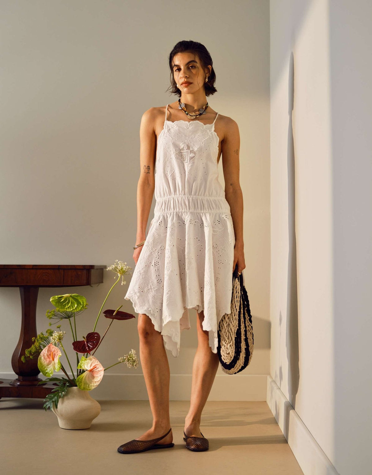 Topshop heavy embroidered hanky hem mini dress in white - ASOS Sample Sale