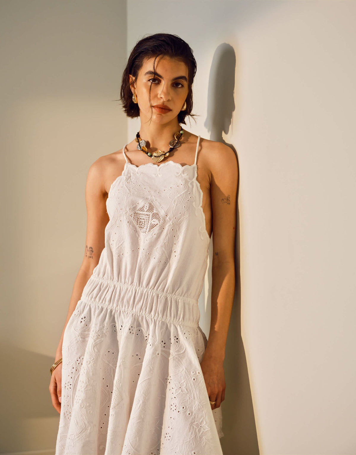 Topshop heavy embroidered hanky hem mini dress in white - ASOS Sample Sale