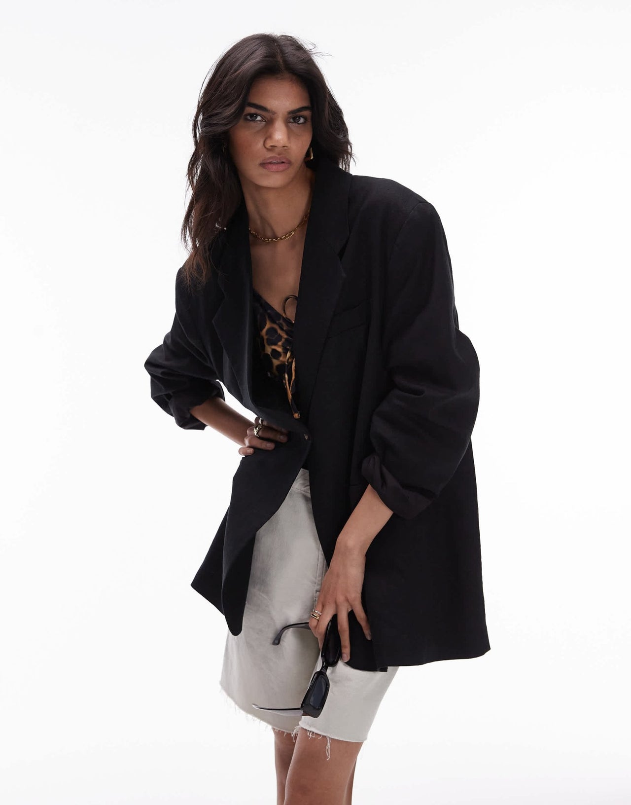 Topshop high break oversized linen blazer in black - ASOS Sample Sale