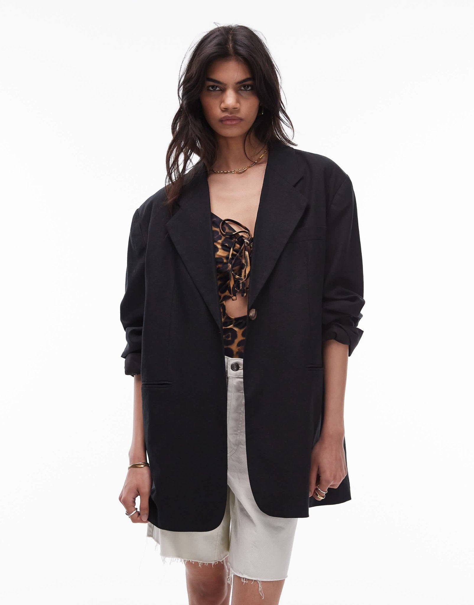 Topshop high break oversized linen blazer in black - ASOS Sample Sale