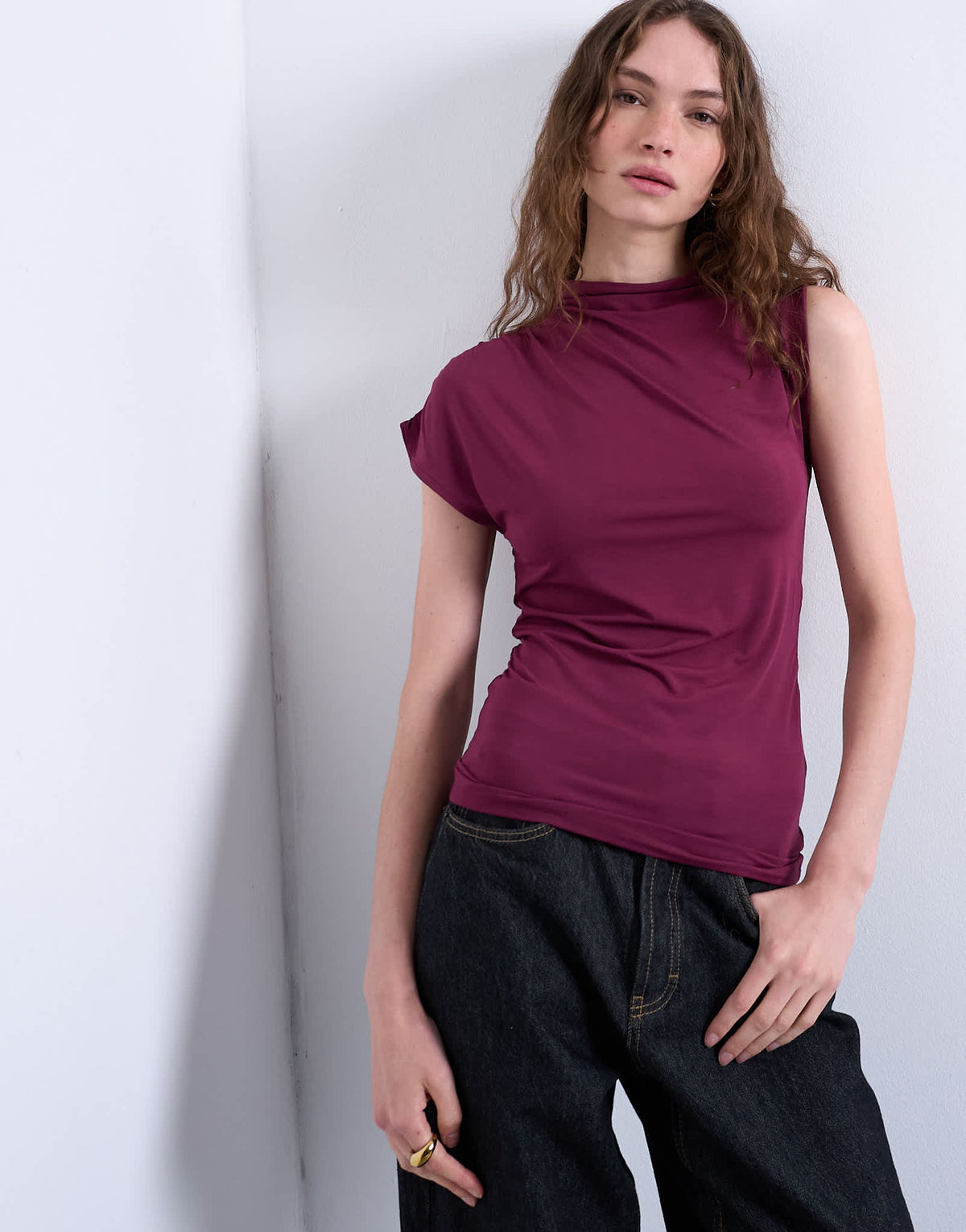 Topshop high neck asymmetric ruched side tank in burgundy - ASOS Sample Sale