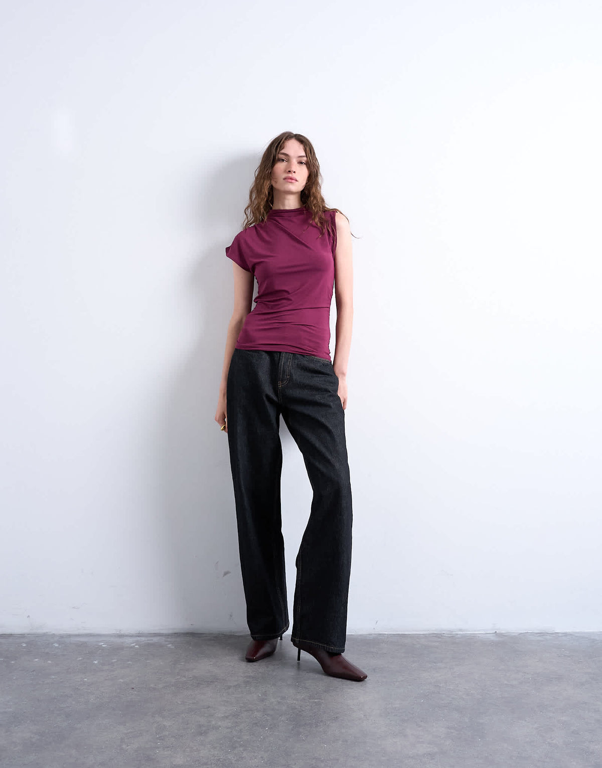 Topshop high neck asymmetric ruched side tank in burgundy - ASOS Sample Sale