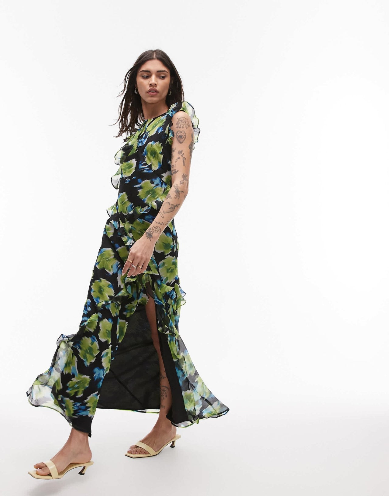 Topshop high neck open back frill maxi dress in blurred blue floral - ASOS Sample Sale