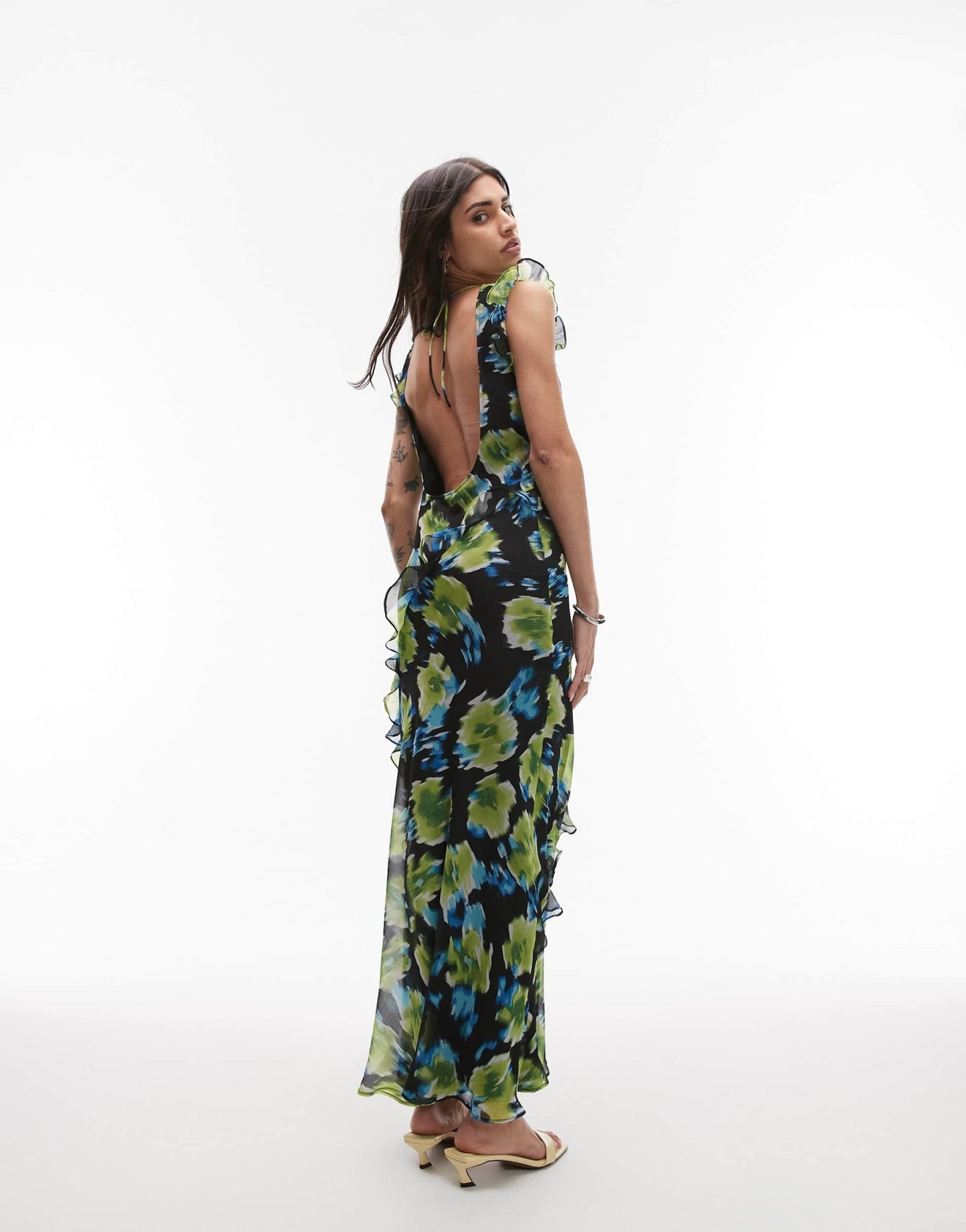 Topshop high neck open back frill maxi dress in blurred blue floral - ASOS Sample Sale