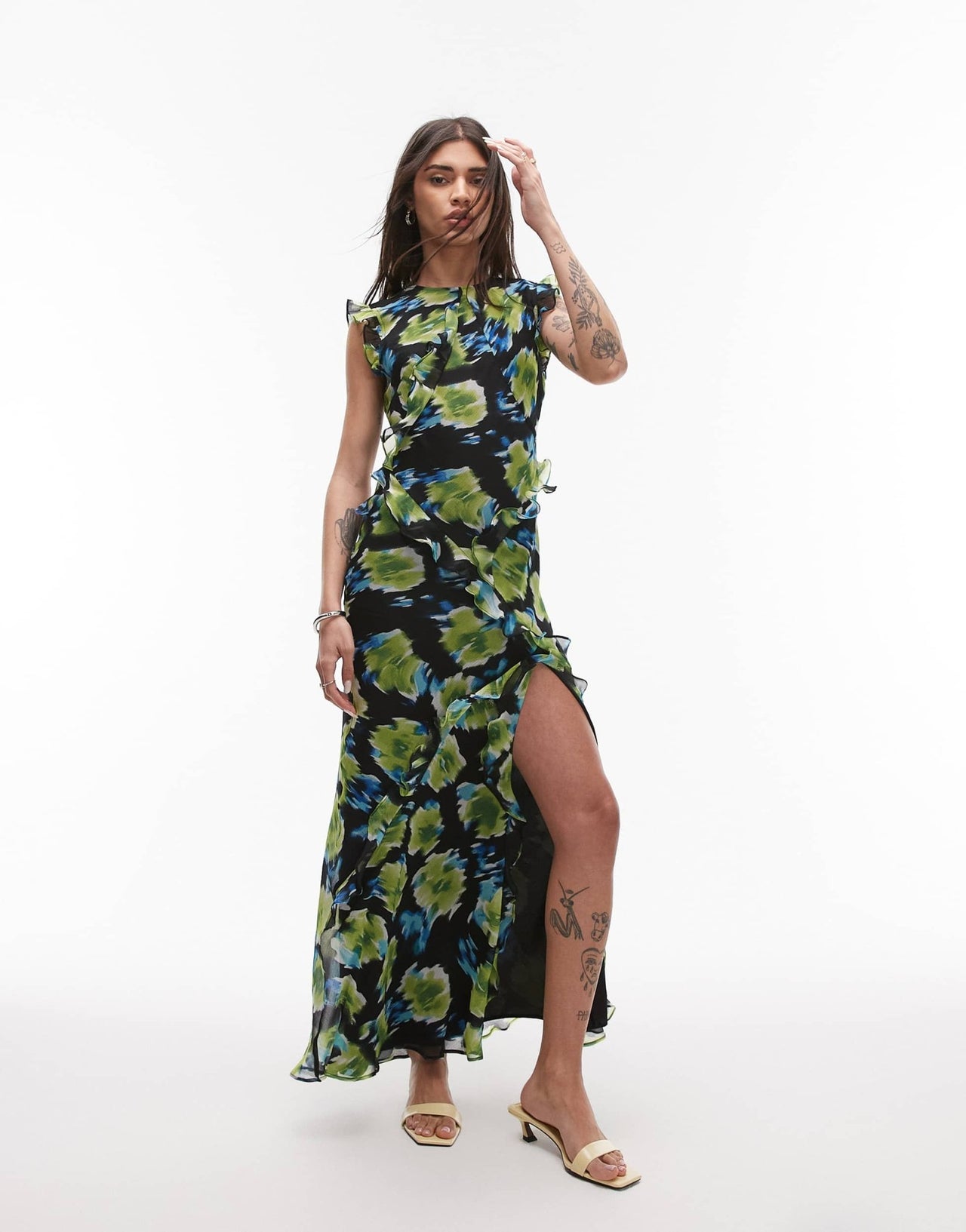 Topshop high neck open back frill maxi dress in blurred blue floral - ASOS Sample Sale