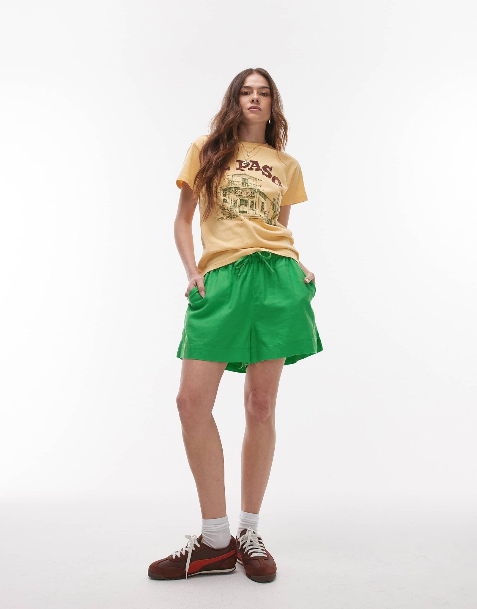 Topshop high rise drawcord linen shorts in green - ASOS Sample Sale