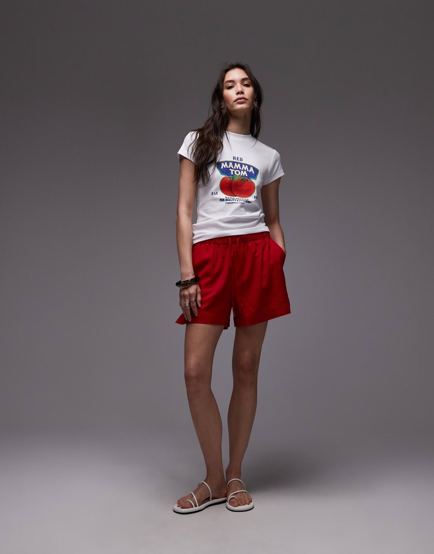 Topshop high rise drawcord linen shorts in red - ASOS Sample Sale