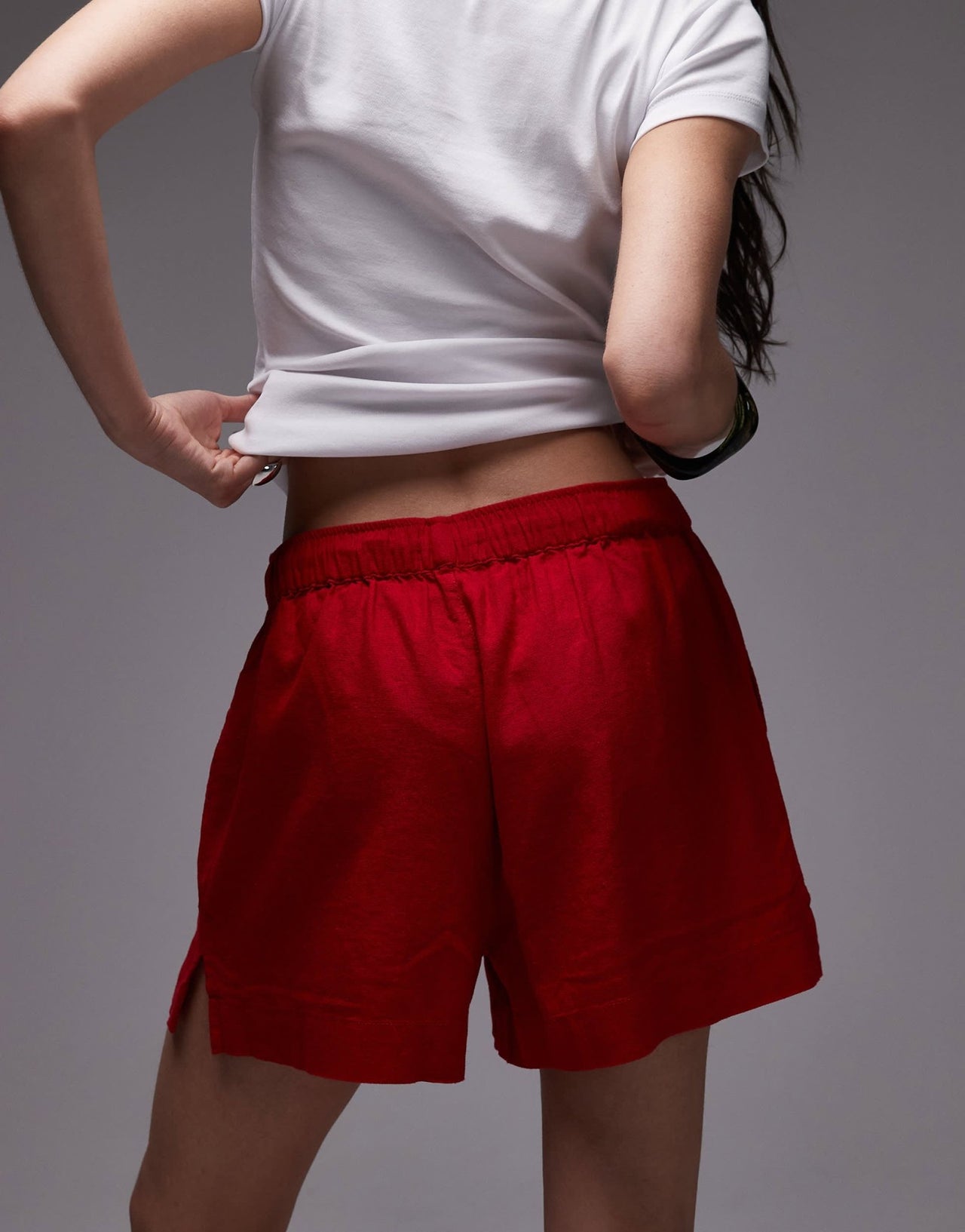 Topshop high rise drawcord linen shorts in red - ASOS Sample Sale