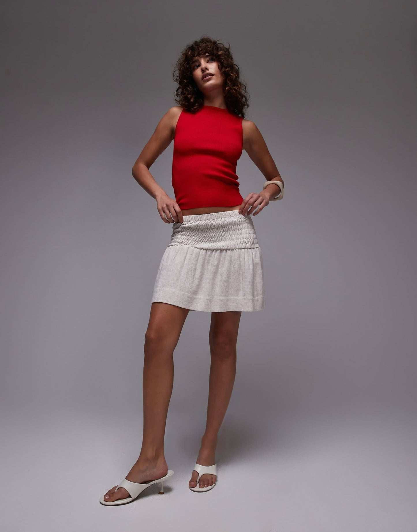 Topshop high rise linen mini skirt with ruched sides in natural - ASOS Sample Sale