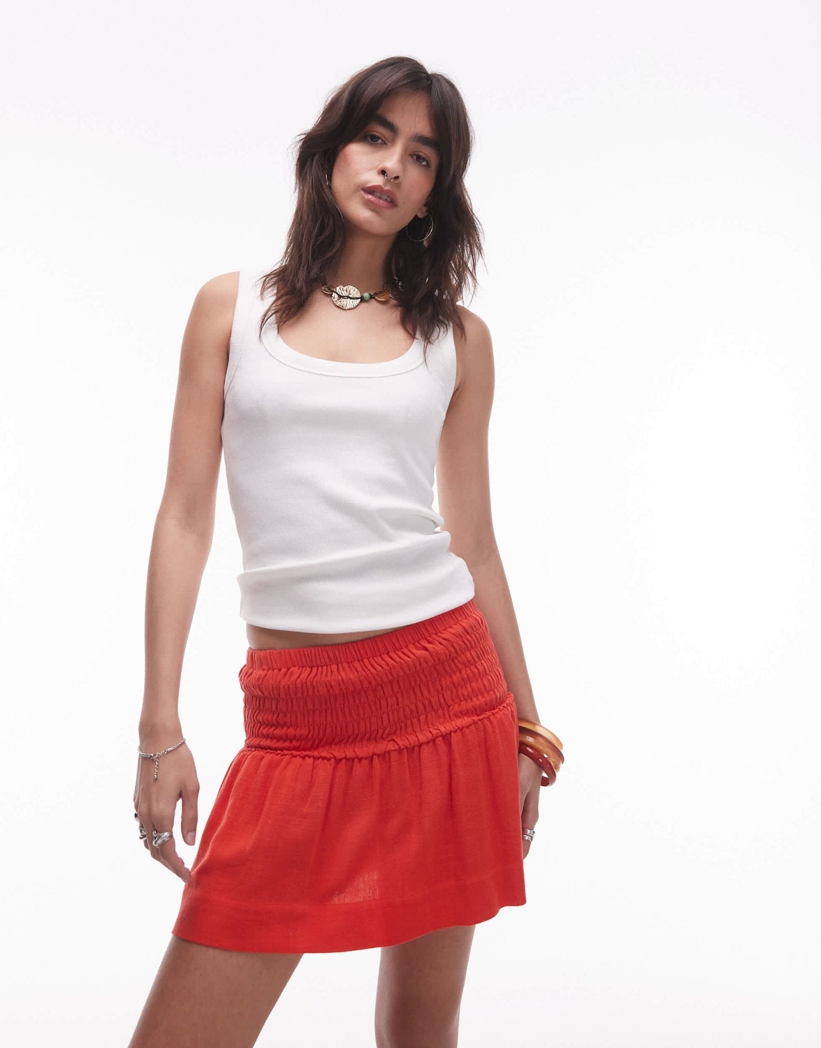 Topshop high rise linen mini skirt with ruched sides in red - ASOS Sample Sale