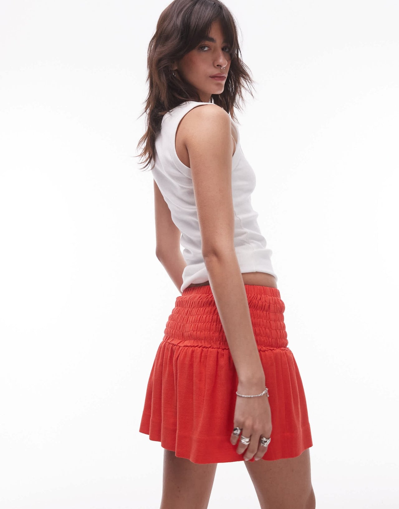 Topshop high rise linen mini skirt with ruched sides in red - ASOS Sample Sale