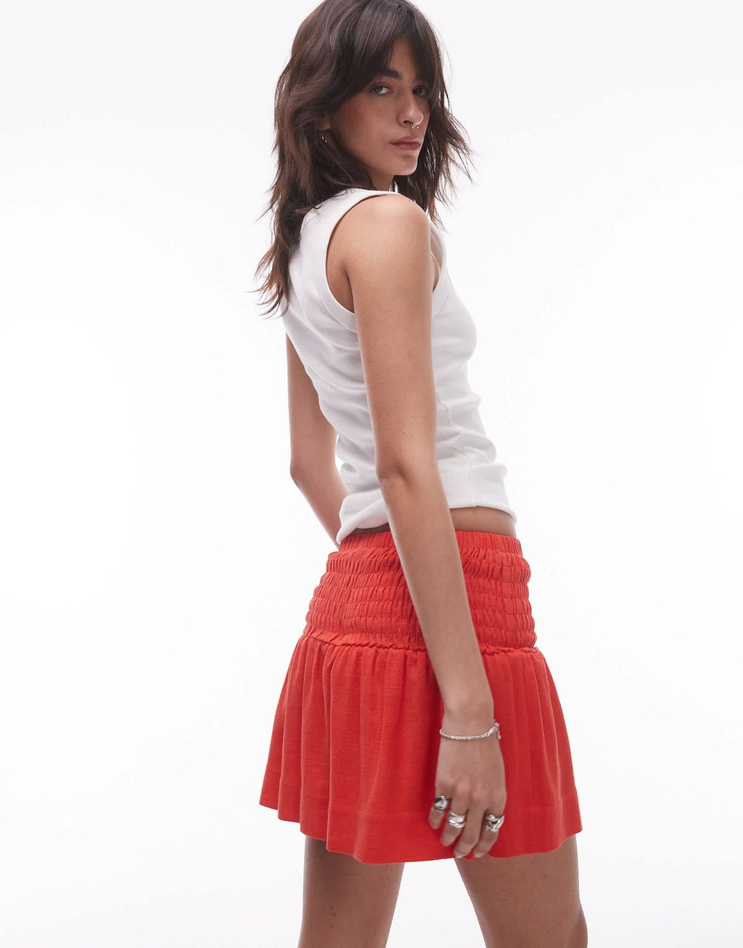 Topshop high rise linen mini skirt with ruched sides in red - ASOS Sample Sale