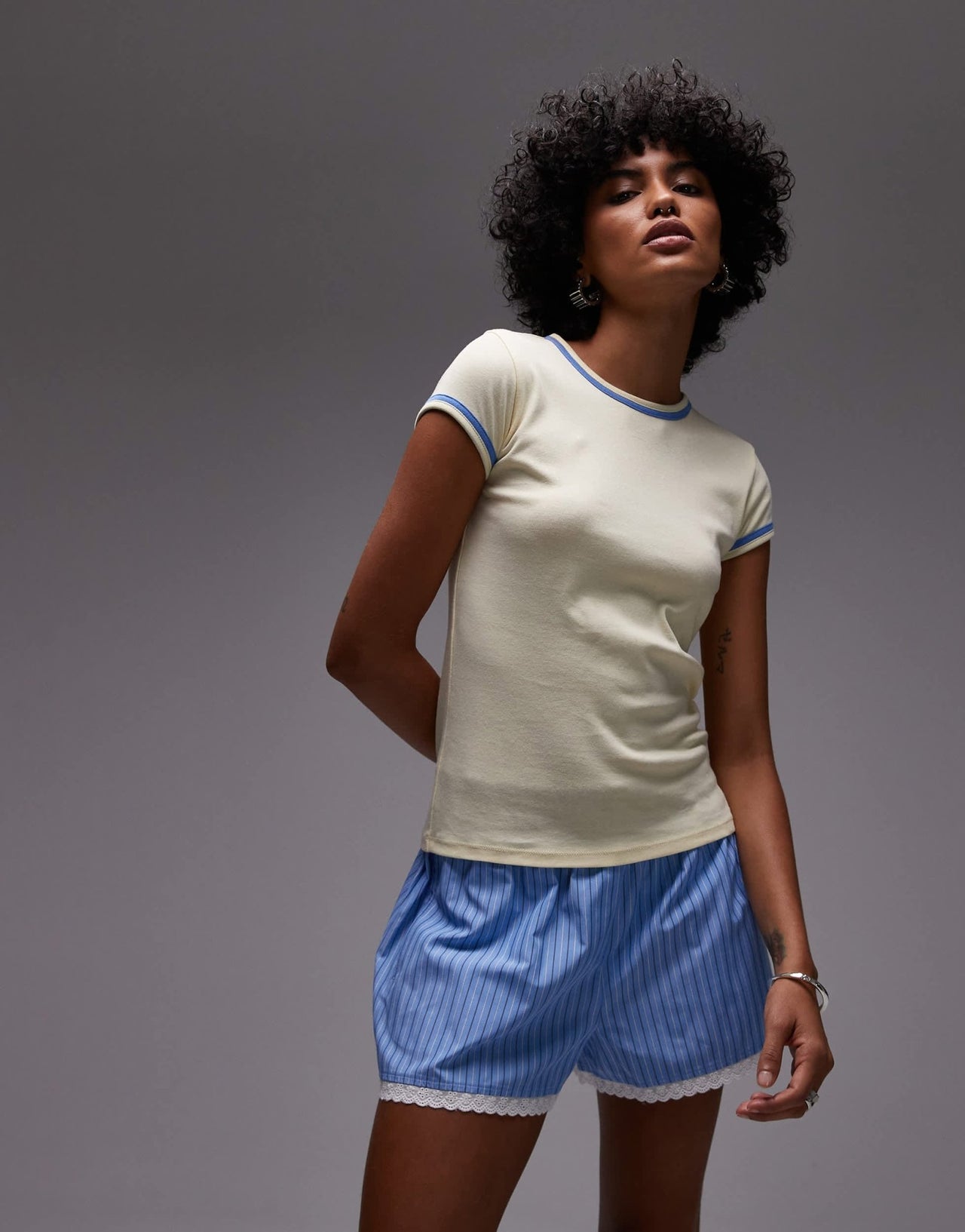 Topshop high waisted stripe lace trim boxer short in blue - ASOS Sample Sale