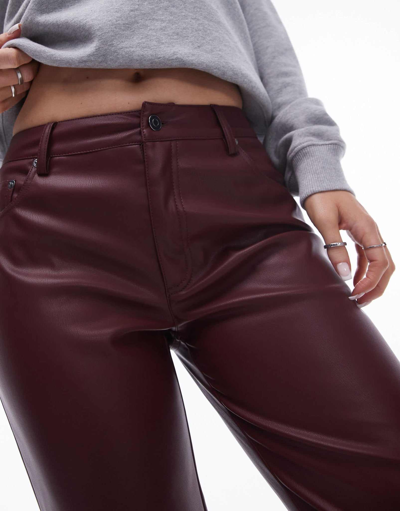 Topshop Hourglass ankle grazer straight leg faux leather trouser in burgundy - ASOS Sample Sale